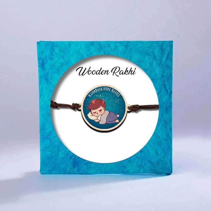 Handmade Kumbhkaran Bhai Wooden Rakhi With Roli Chawal - Packaged Product Display