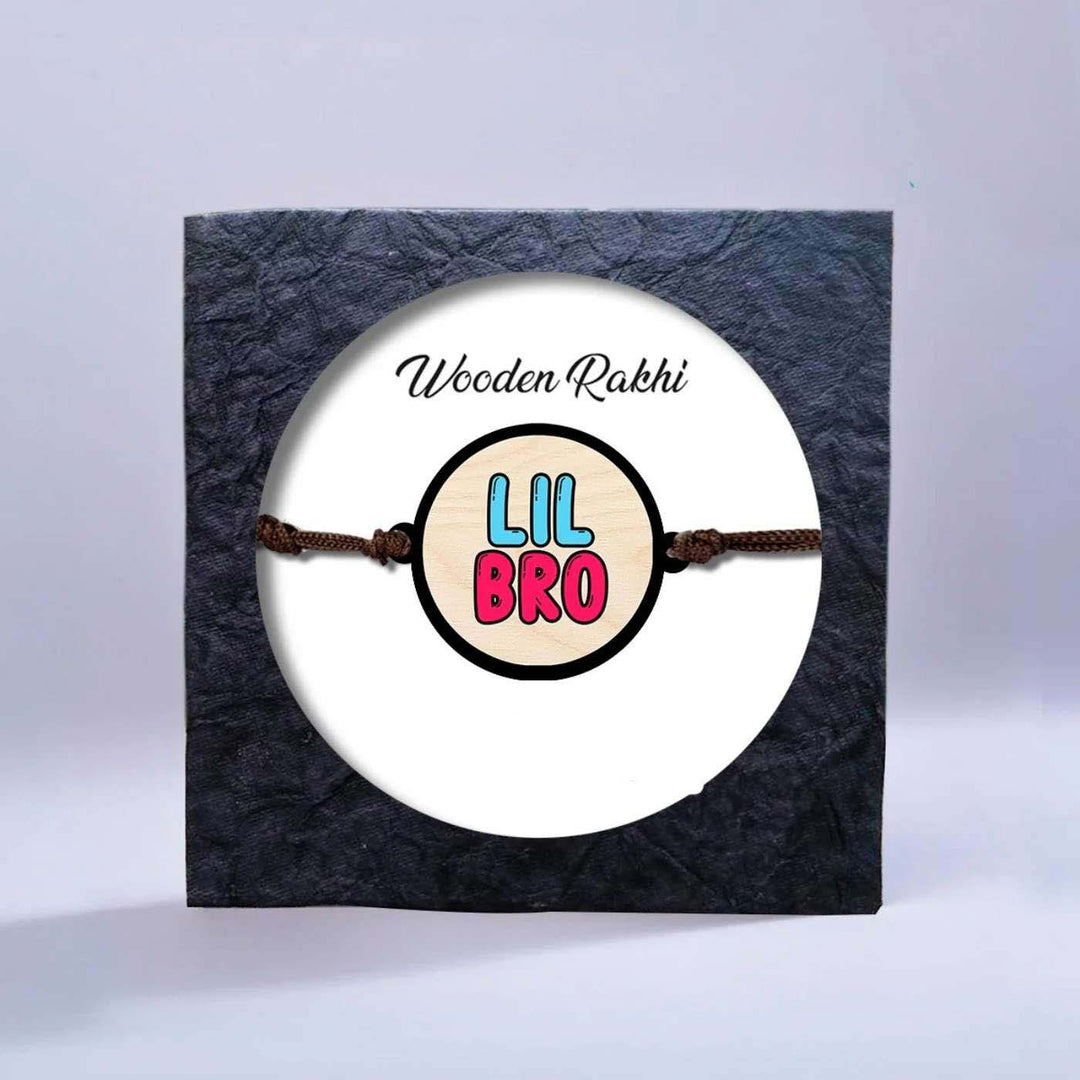 Handmade Little Bro Wooden Rakhi With Roli Chawal - Bracelet in gift box packaging