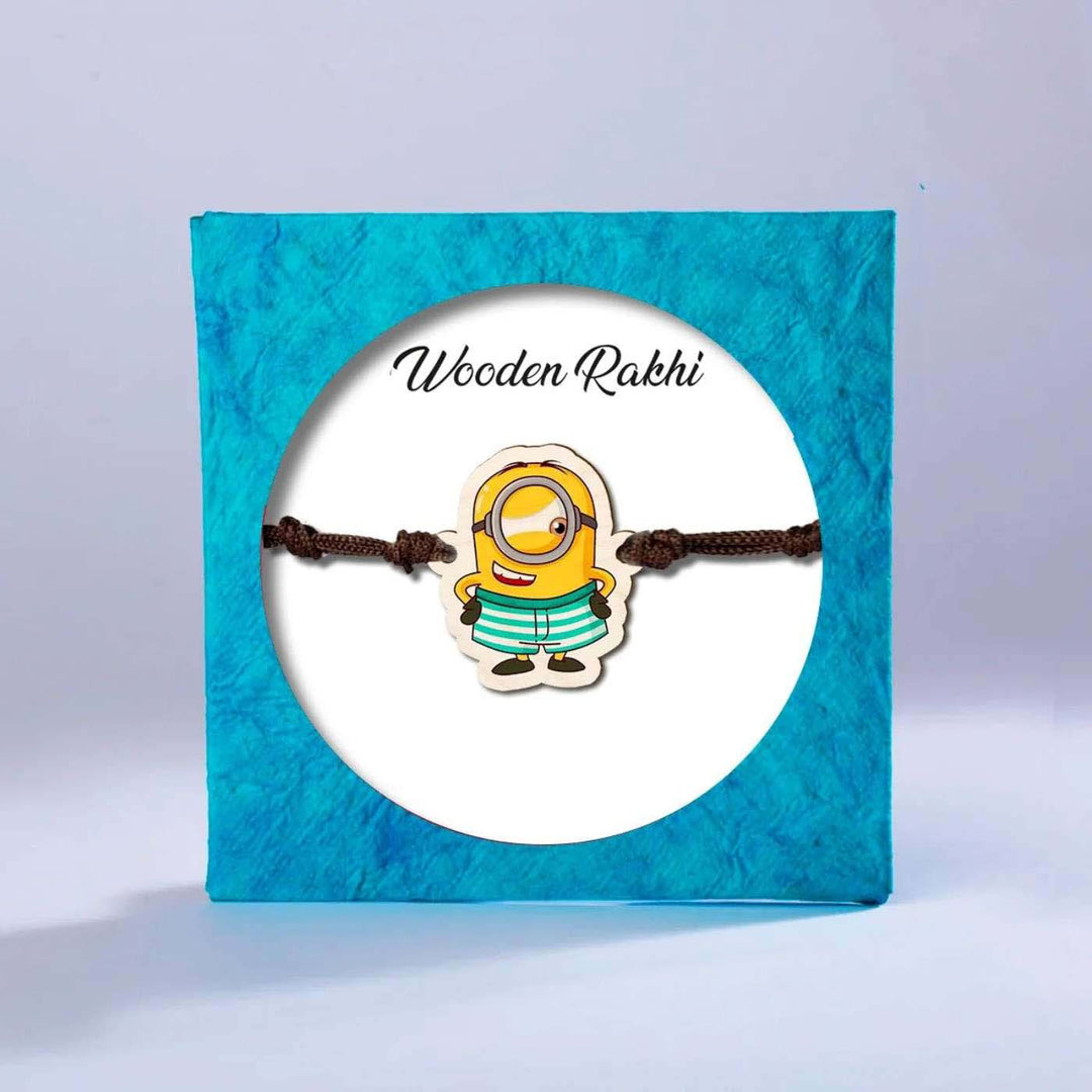 Handmade Minion Wooden Kids Rakhi With Roli Chawal - Packaged Product Display
