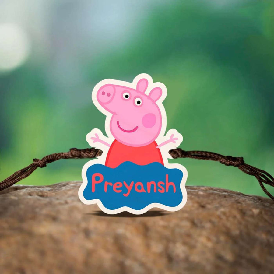Personalized Handmade Peppa Pig Wooden Kids Rakhi With Roli Chawal - Name Personalization Example
