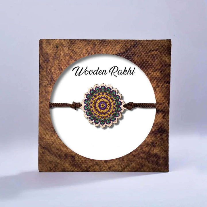 Handmade Mandala Wooden Rakhi With Roli Chawal - In Packaging with Branding