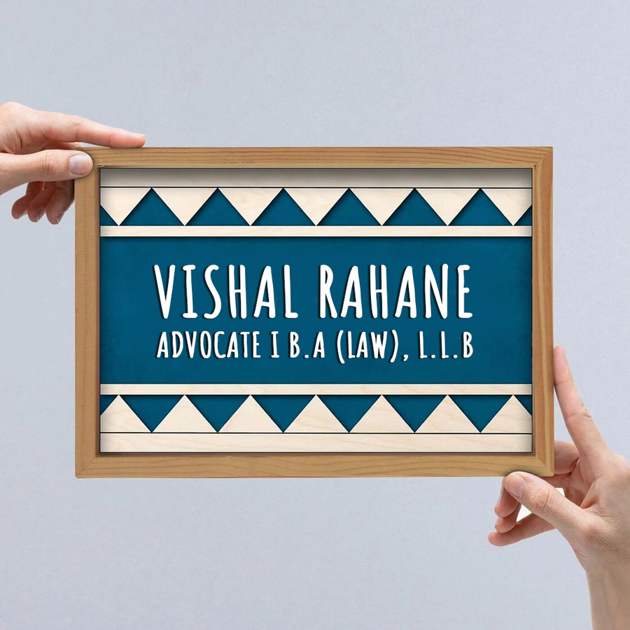 Wooden Personalized Framed Name Plate For Advocate - Name Personalization Example Held by Hands