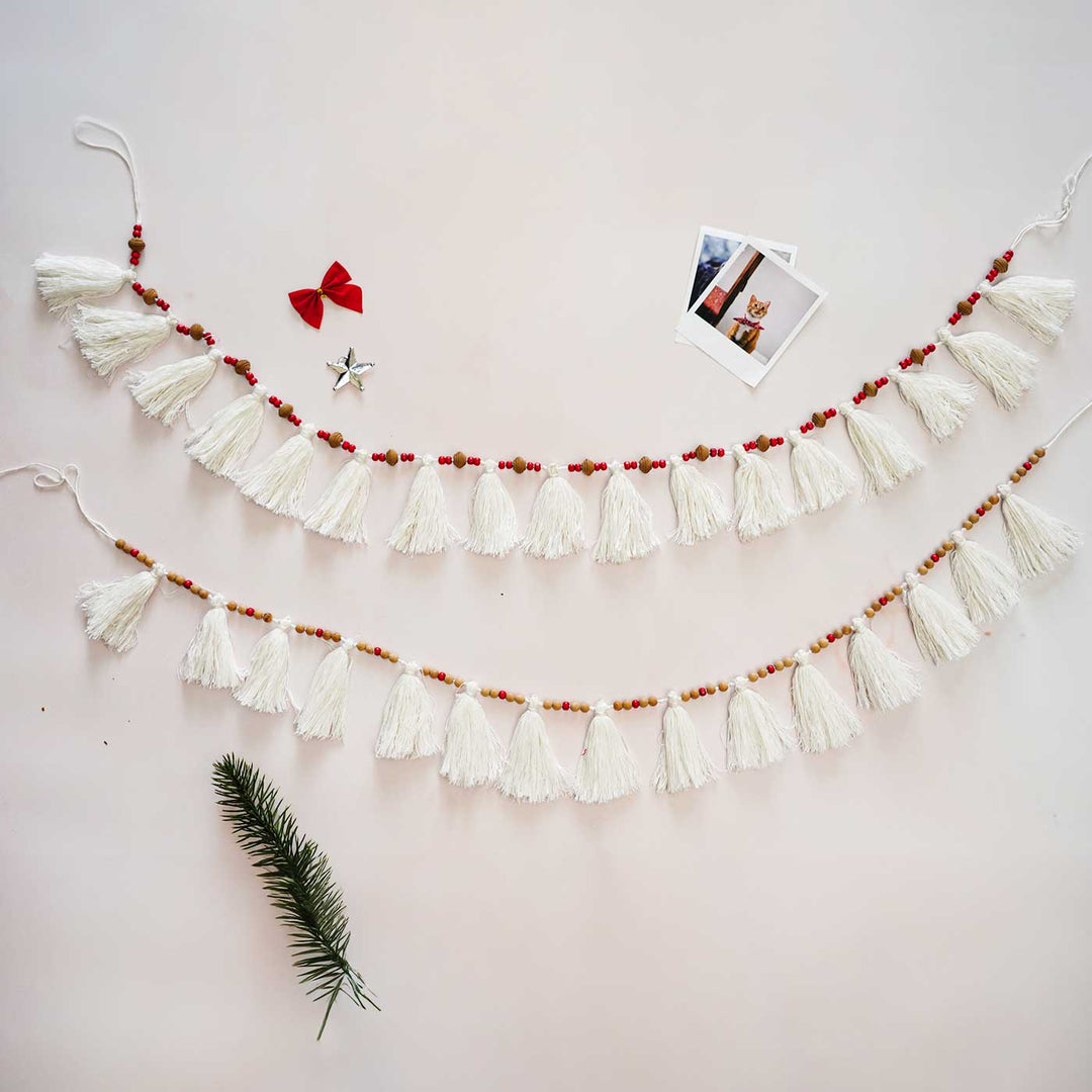 Handmade White Tassel Garland Bunting For Christmas Wall Decoration 2 - Flat Lay Display Showing Full Length