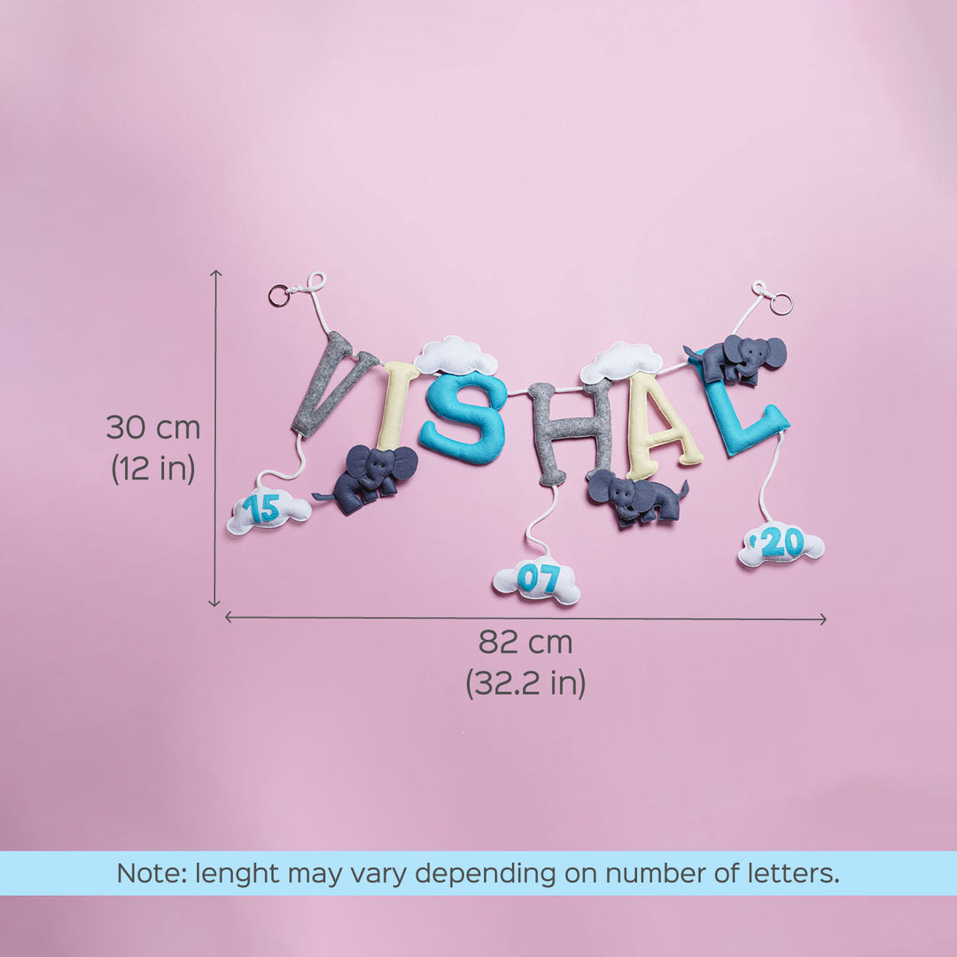 Handmade Personalized Felt Elephant Cloud Themed Kids Bunting 42 - Dimension Chart with Name Example