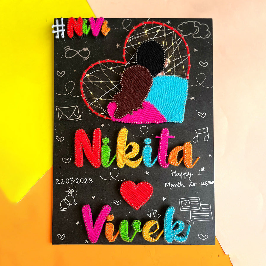 Personalized String Art Connected Hearts Mdf Wood Name Plate For Couples - Front View with Personalization Example