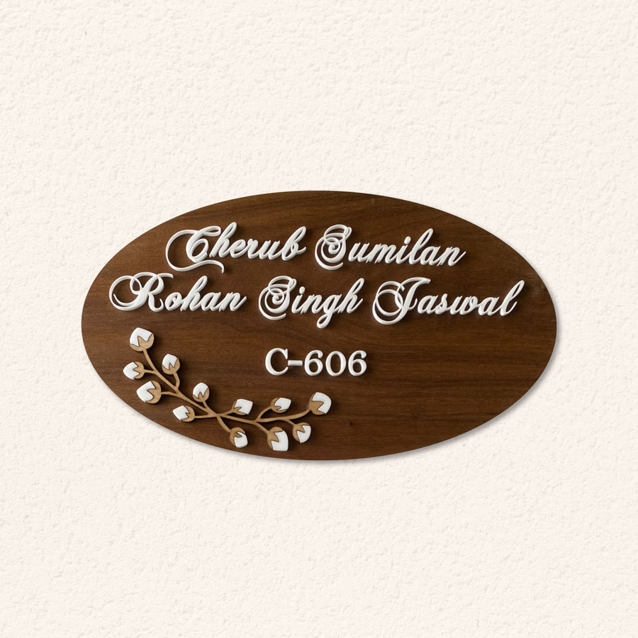 Personalised Wooden Oval Floral Name Plate 1 - Front View on Wall Background