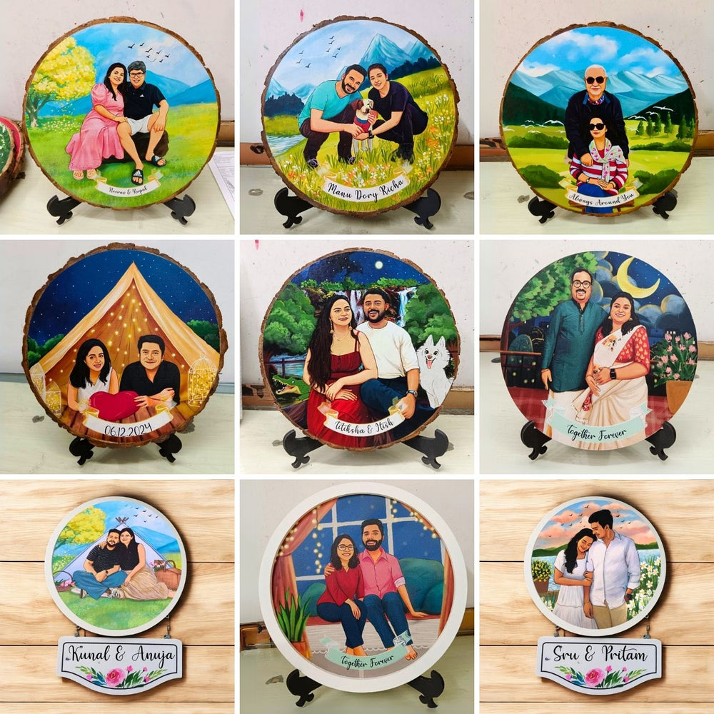 Photo Caricature Hanging Nameplate For Couples 5 - Front View with Personalized Stand