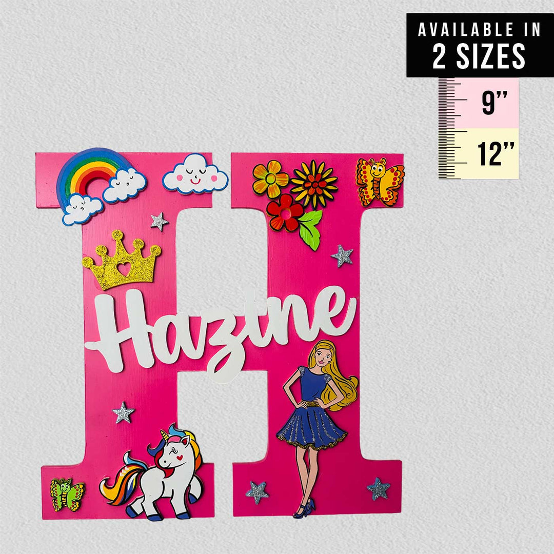Personalized Hand Painted Barbie And Unicorn Magic Mdf Wood Monogram With 3D Letters - Name Personalization Example with Size Chart
