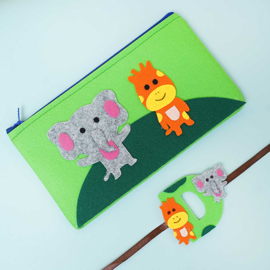 Personalised Handmade Felt Rakhi Jungle Pouch With Chocolates Roli Chawal - Front View with Cartoon Animals