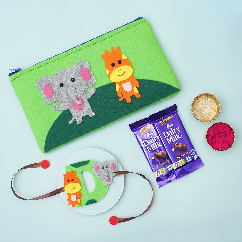 Personalised Handmade Felt Rakhi Jungle Pouch With Chocolates Roli Chawal - Product Set with Chocolates and Accessories