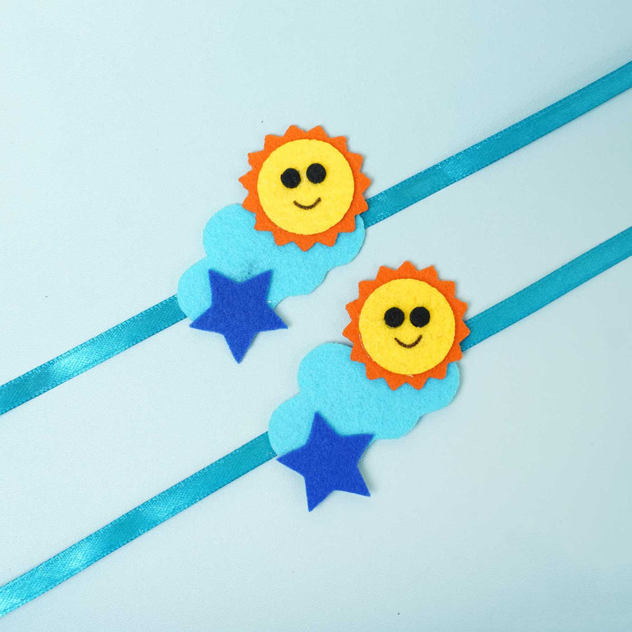 Handmade Cloud Sun Felt Rakhi With Chocolates Roli Chawal I Set Of 2 - Top View of Two Rakhis