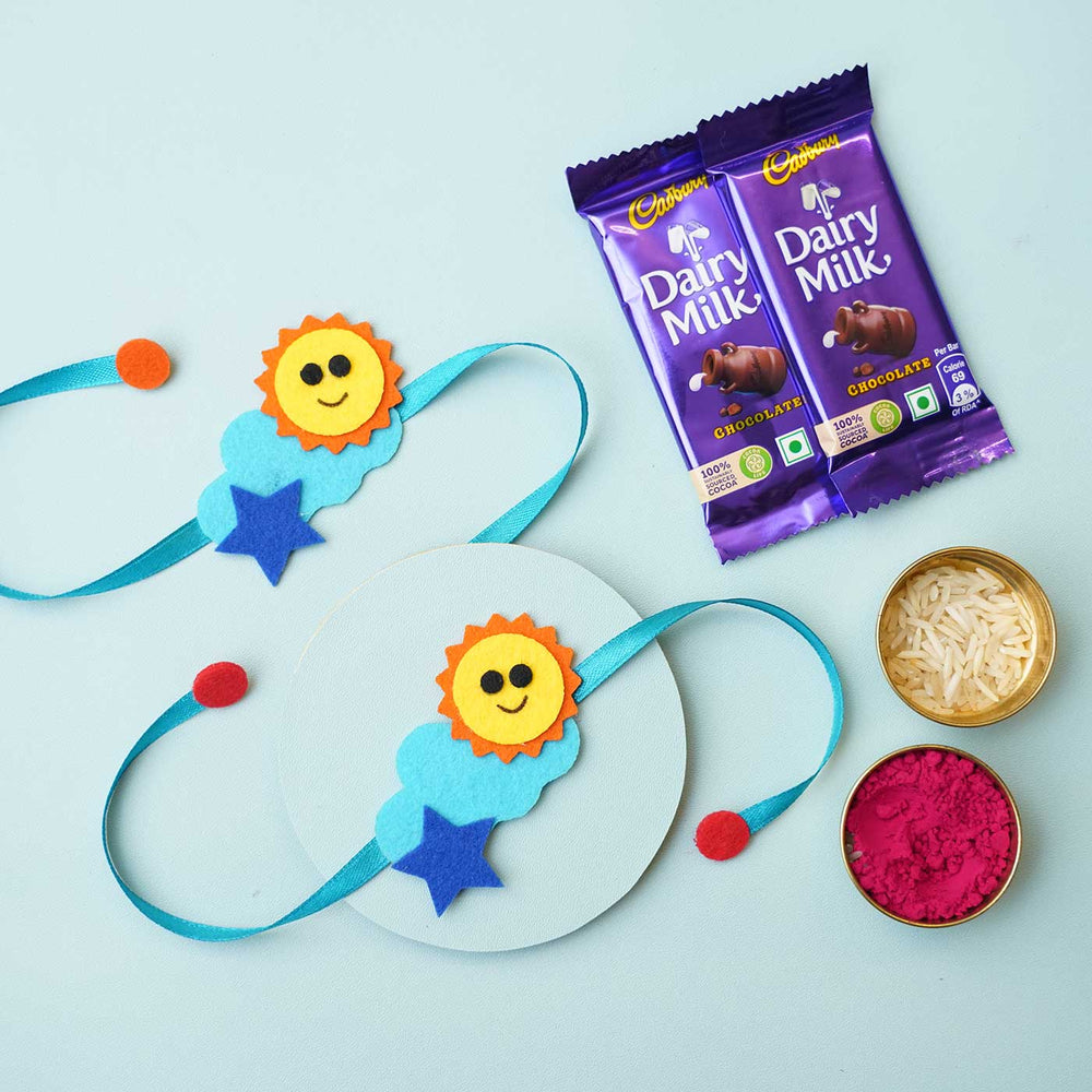Handmade Cloud Sun Felt Rakhi With Chocolates Roli Chawal I Set Of 2 - Rakhis with Rice and Chocolates