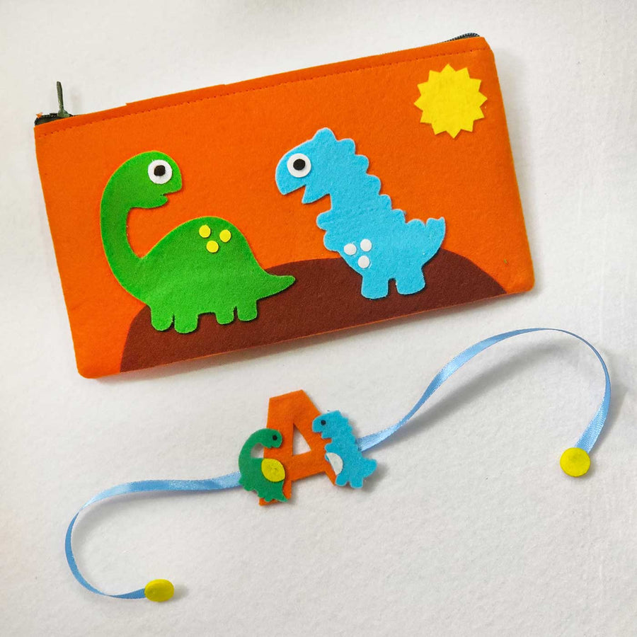 Personalised Handmade Kids Themed Felt Rakhi Pouch With Chocolates Roli Chawal - Front View with Matching Bracelet