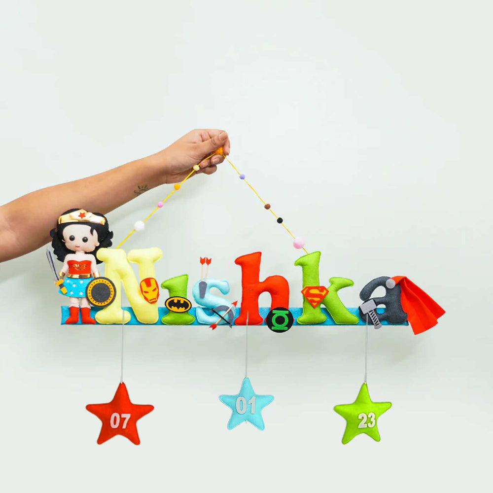 Wonder Women Name Plate For Kids - Hanging Name Sign with Stars