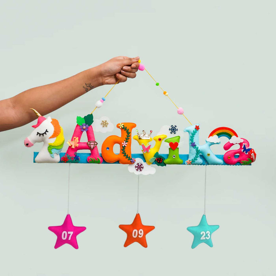 Unicorn Head Name Plate For Kids - Held by Hand with Hanging Stars