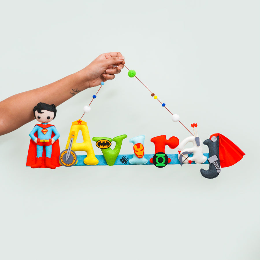 Superman Superhero Name Plate For Kids - Hand Holding Hanging Name Display