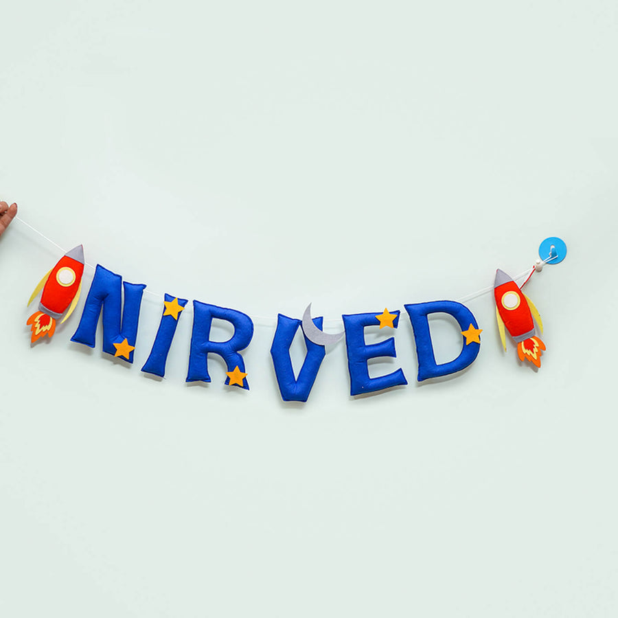 Handcrafted Personalized Spaceship Themed Felt Bunting For Kids - Front View Hanging Banner Display
