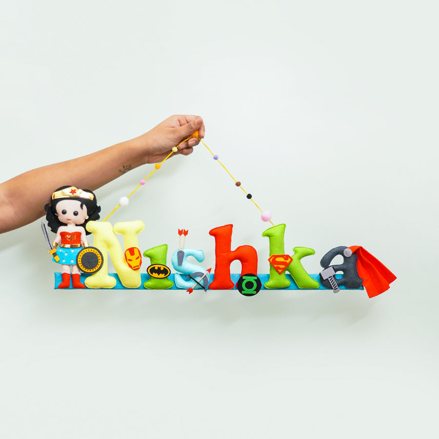 Wonder Women Name Plate For Kids - Front View Hanging from Hand