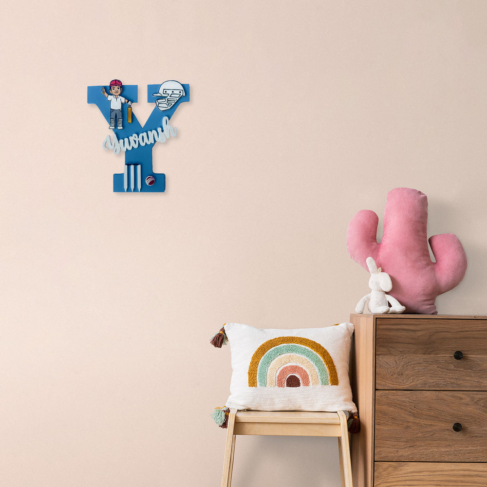 Handcrafted Personalized Kids Cricket Themed Monogram Mdf Nameplate 1 - Mounted on Wall with Name Personalization