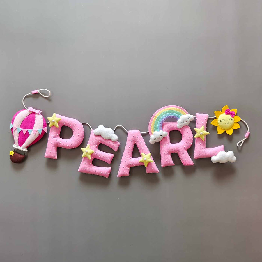 Hand Stitched Cute Hot Air Balloon Themed Felt Garland For Baby Girl - Name Personalization Example Hanging