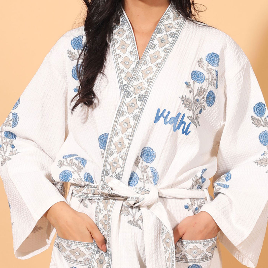 Personalized Handmade Block Printed Blue Floral Cotton Bath Robes
