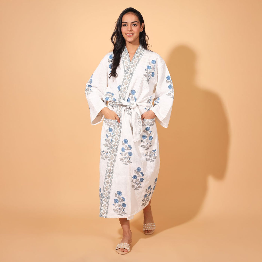 Personalized Handmade Block Printed Blue Floral Cotton Bath Robes