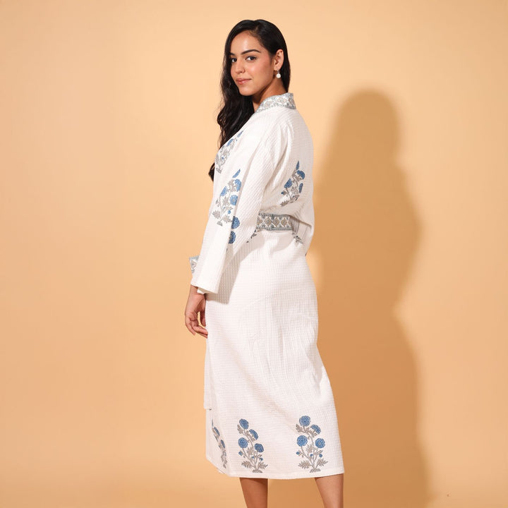 Personalized Handmade Block Printed Blue Floral Cotton Bath Robes