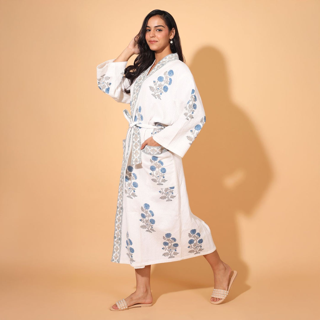 Personalized Handmade Block Printed Blue Floral Cotton Bath Robes