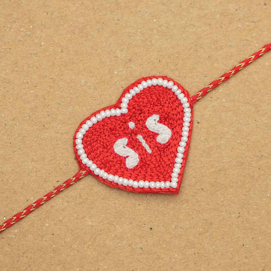 Handmade Beaded Sis Red Rakhi With Roli Chawal - Close-up Heart Charm