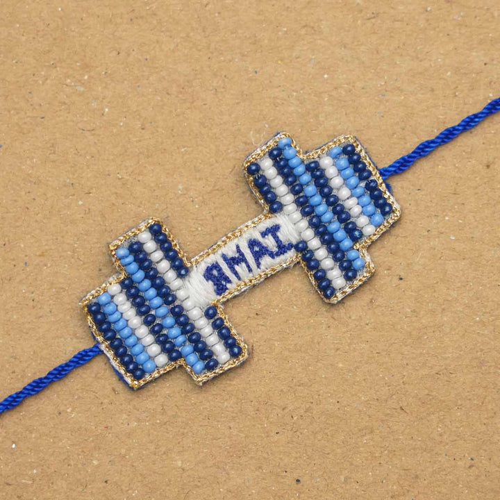 Handmade Beaded Gym Bhai Rakhi With Roli Chawal - Close-up Beaded Bracelet Detail