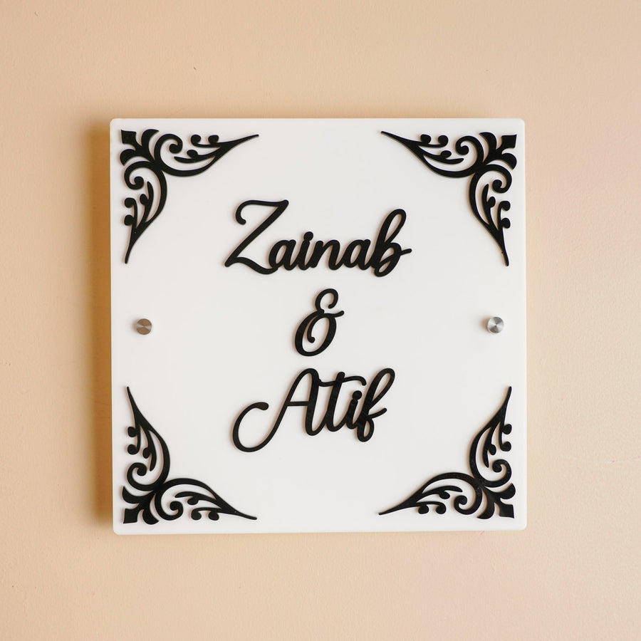 Personalized Square Shaped Acrylic Name Plate - Mounted Front View with Screws