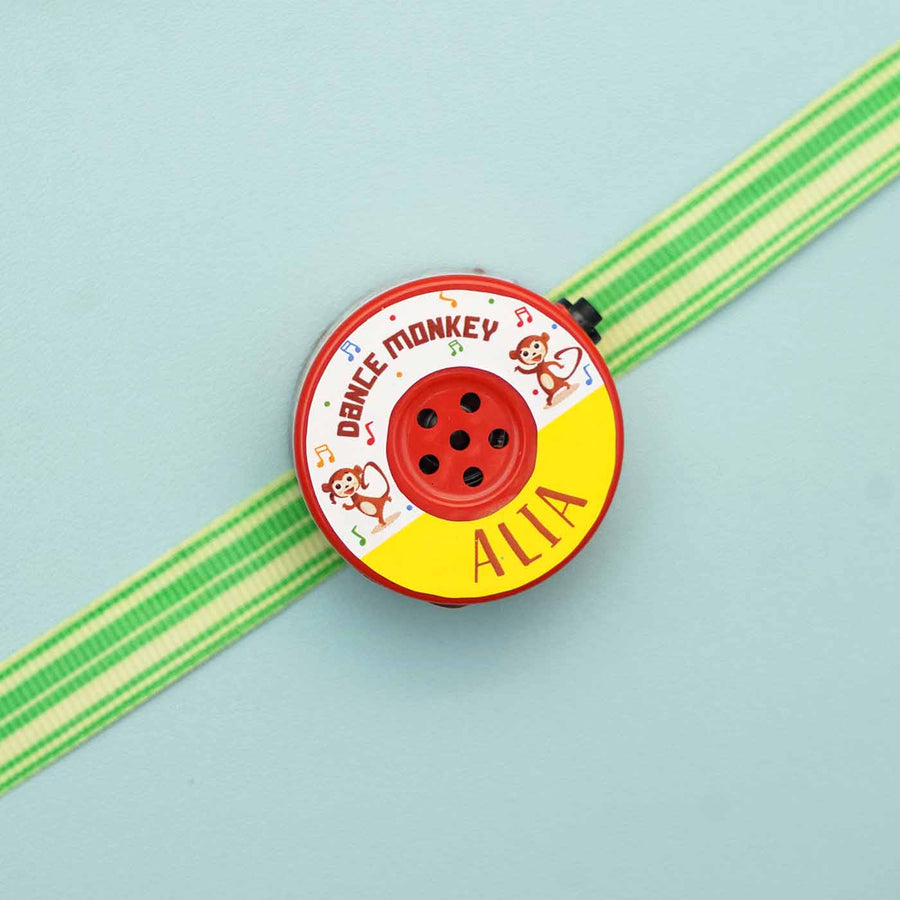 Personalized Musical Dance Monkey Kids Rakhi With Roli Chawal - Close-up of Personalized Rakhi