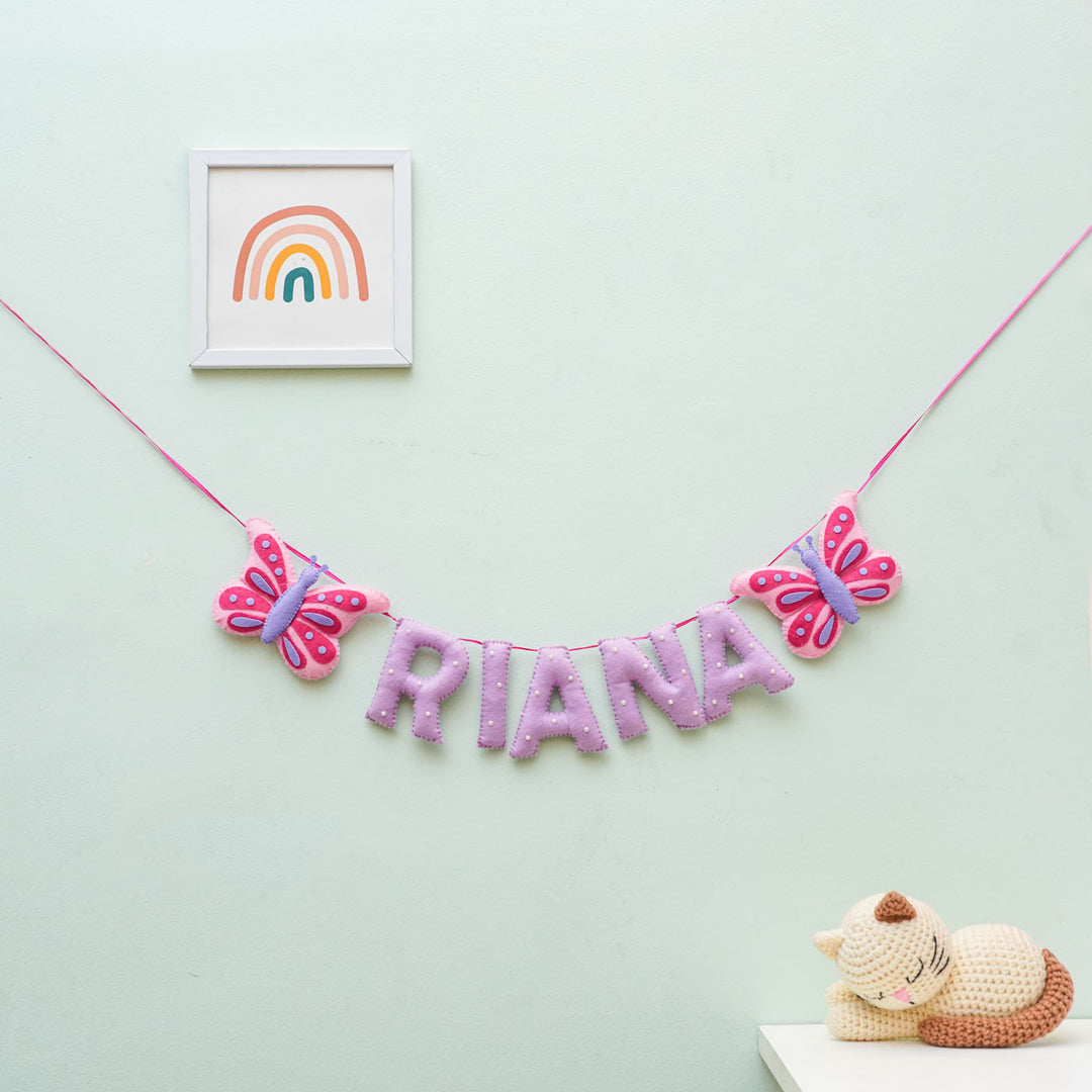 Personalized Handmade Butterfly And Pearl Emblished Felt Bunting - Hanging Wall Display with Name and Decorations