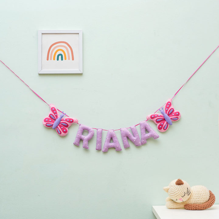 Personalized Handmade Butterfly And Pearl Emblished Felt Bunting - Hanging Wall Display with Name and Decorations