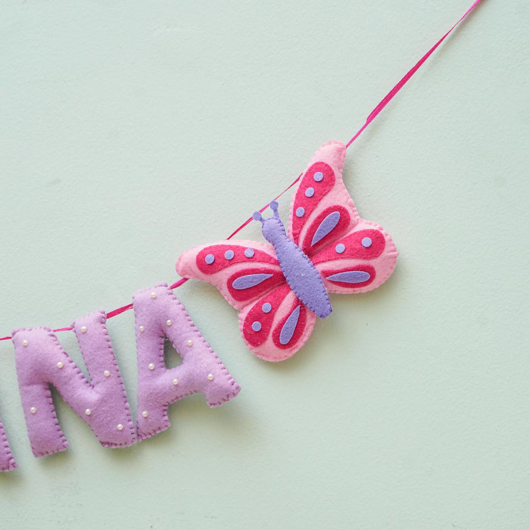 Personalized Handmade Butterfly And Pearl Emblished Felt Bunting - Hanging Decoration Close-up View