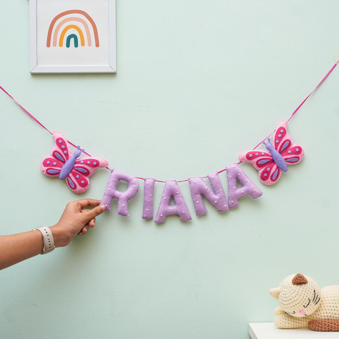 Personalized Handmade Butterfly And Pearl Emblished Felt Bunting - Name Personalization Example Hanging View