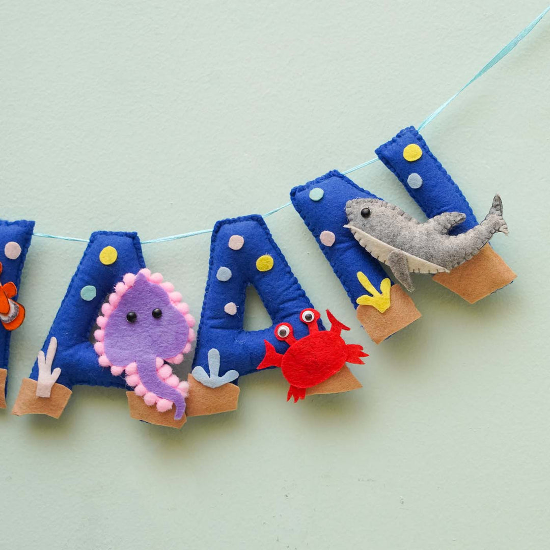 Personalized Handmade Underwater Theme Felt Bunting - Hanging Letter Garland Close-up