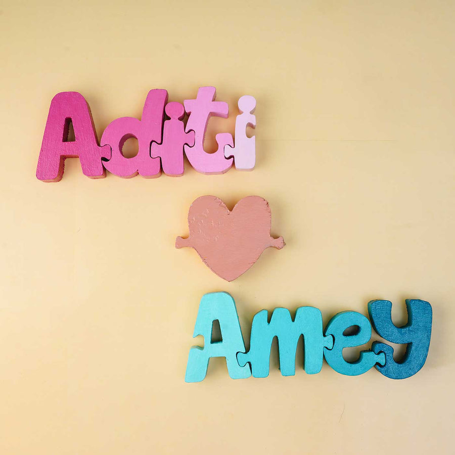 Hand Painted Wooden Jigsaw Name Blocks 1 - Name Personalization Example with Heart Symbol