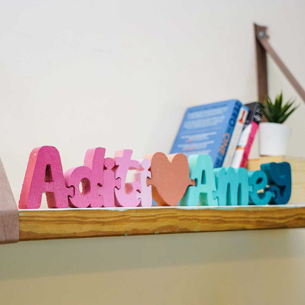 Hand Painted Wooden Jigsaw Name Blocks 1 - Shelf Display with Name Letters