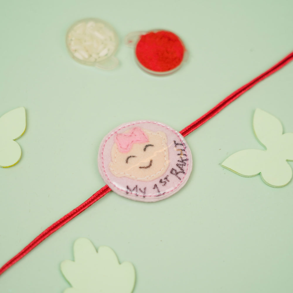 Handmade Baby Girl Theme Felt Kids Rakhi For Sisters - Flat Lay with Decorative Elements