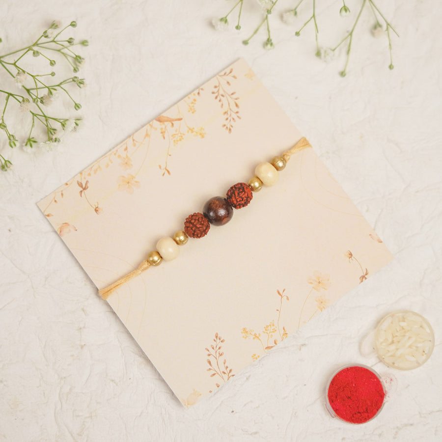 Handmade Pearl Lehar Rudraksha Rakhi With Roli Chawal - On Display Card with Accessories