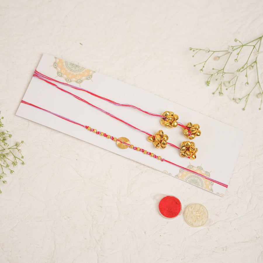Handmade Swarn Sutra Ghungroo Bhaiya Bhabhi Rakhi With Roli Chawal - Packaged with Roli and Rice
