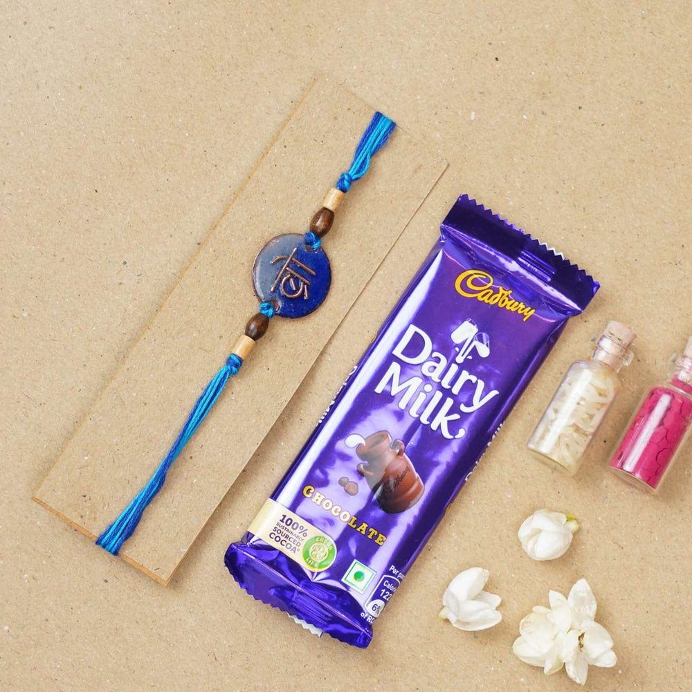 Handmade Bro Blue Copper Enamel Rakhi With Chocolates And Roli Chawal - Rakhi with chocolate gift set