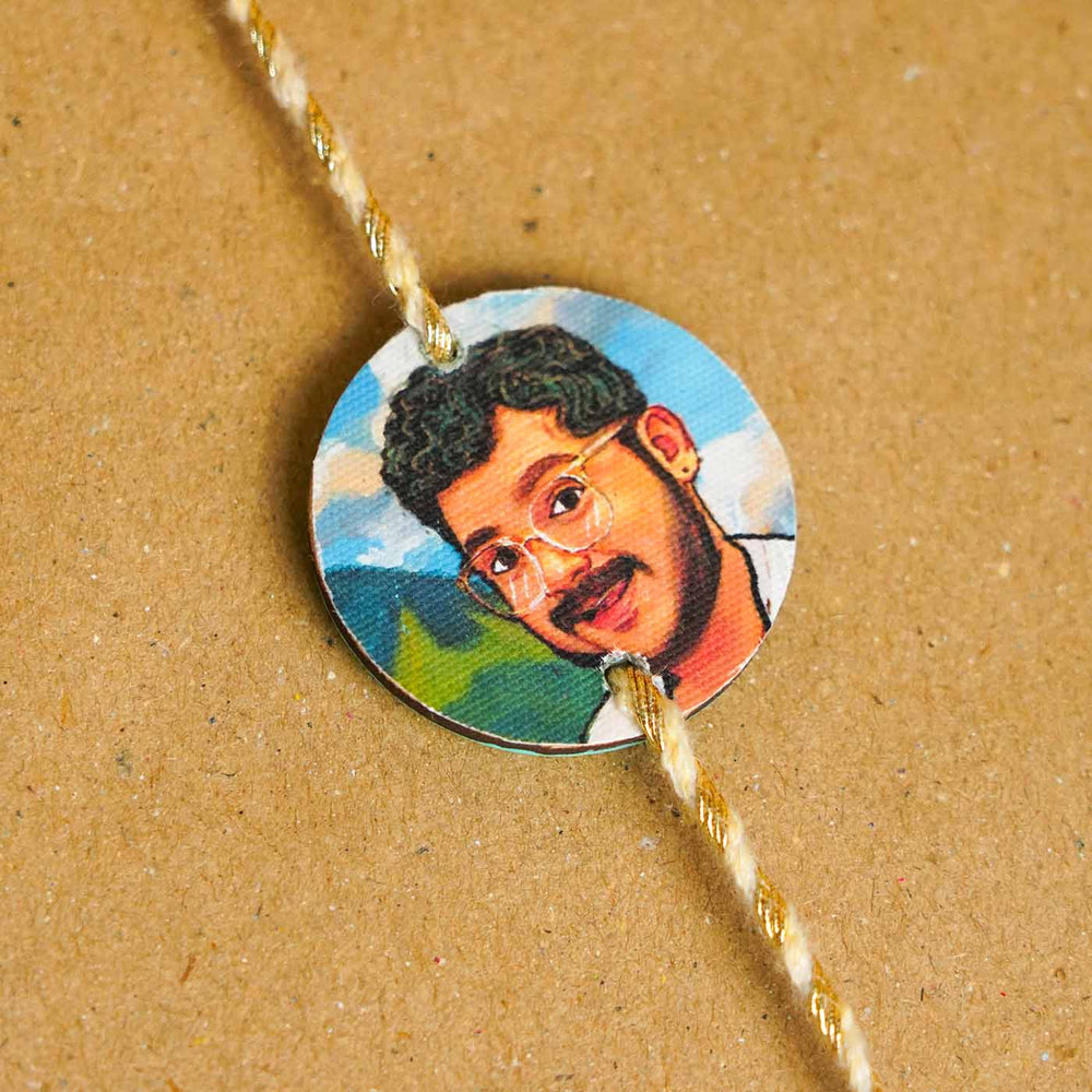 Handpainted Personalized Caricature Rakhi With Roli Chawal - Close-up of personalized face