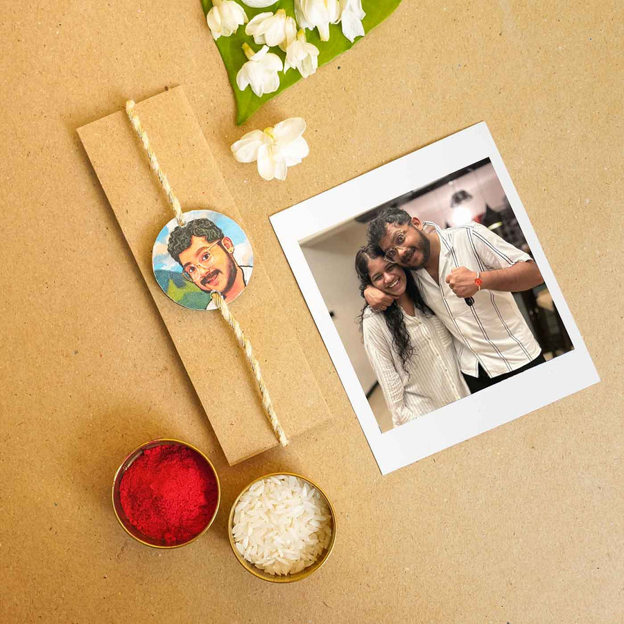 Handpainted Personalized Caricature Rakhi With Roli Chawal - Packaged with accessories