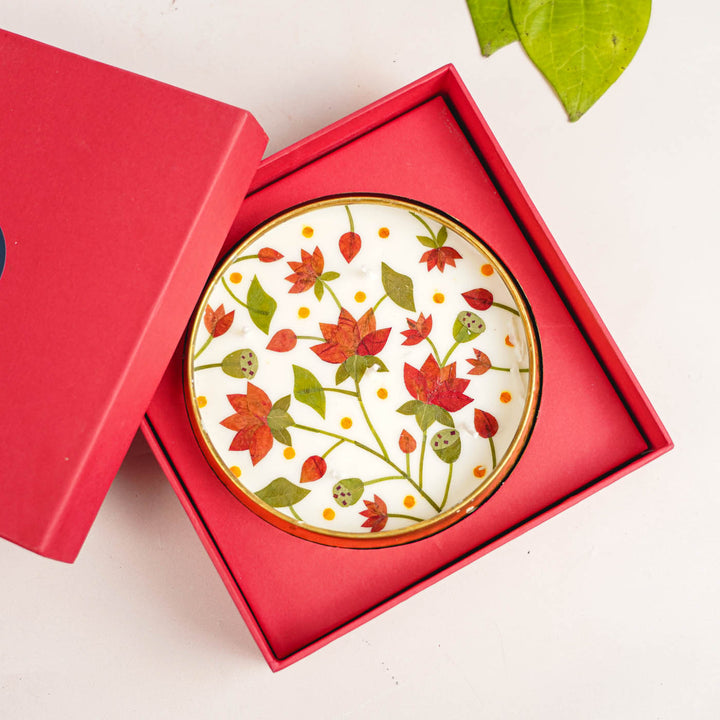 6 Inch | Handmade Pressed Flower Decorative Lotus Theme Brass Urli Diya | Packed in a Gift Box
