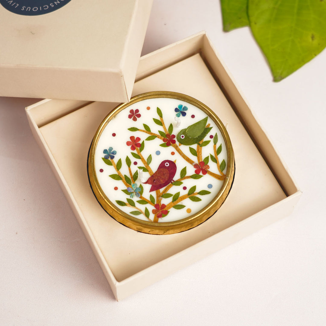 4 Inch | Handmade Pressed Flower Birds Theme Brass Urli Diya | Packed in a Gift Box