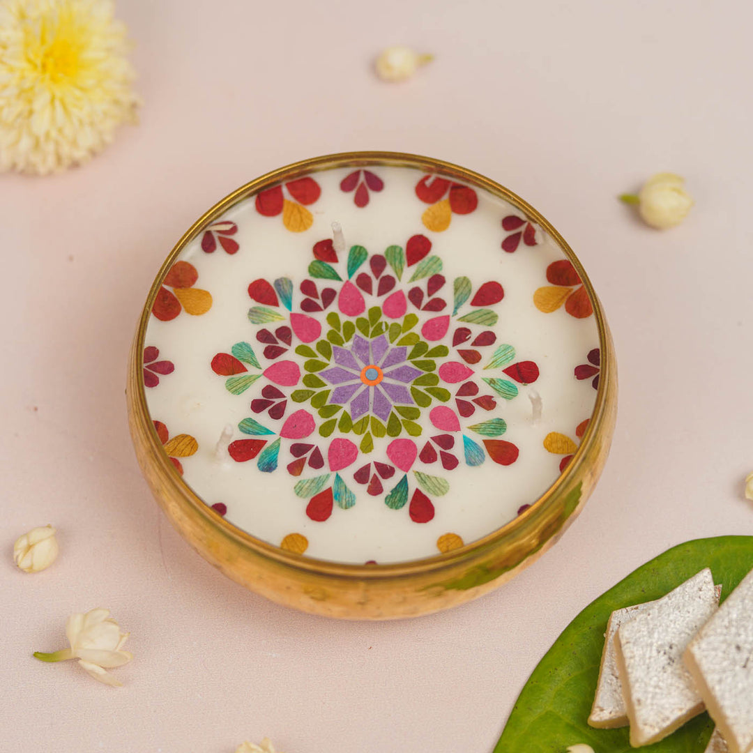 5 Inch | Handmade Pressed Flower Decorative Brass Urli Diya | Packed in a Gift Box