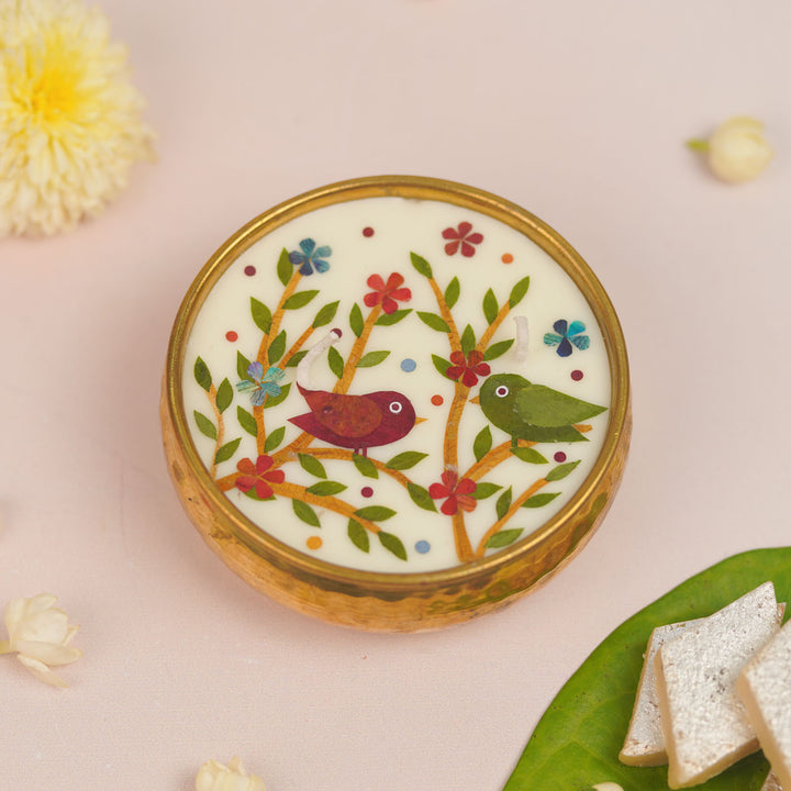 4 Inch | Handmade Pressed Flower Birds Theme Brass Urli Diya | Packed in a Gift Box