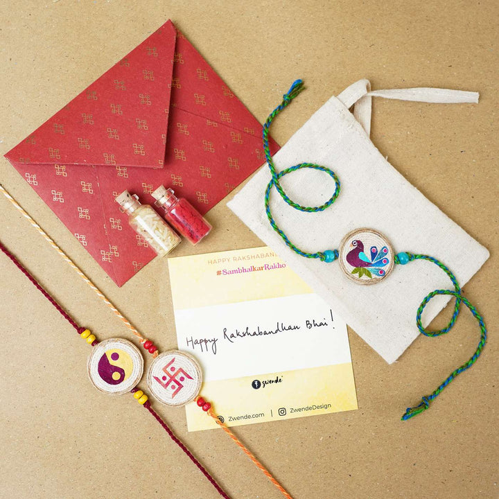 Handmade Pressed Flower Art Swastika Jute Rakhi With Roli Chawal - Gift set with envelope and pouch
